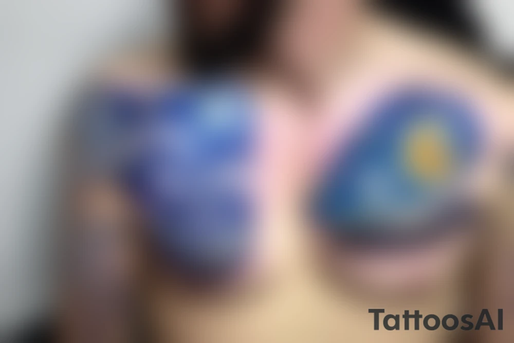 A chest tattoo with a starry night with a mermaid in the ocean getting lit by the nightlight tattoo idea