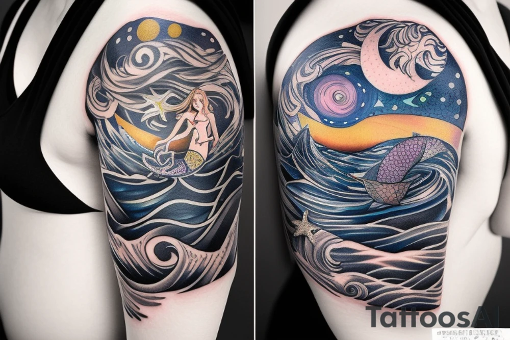 A womens chest tattoo with a starry night with a mermaid in the ocean getting lit by the nightlight tattoo idea