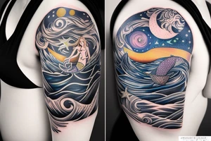 A womens chest tattoo with a starry night with a mermaid in the ocean getting lit by the nightlight tattoo idea
