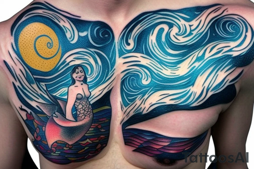 A chest tattoo with a starry night with a mermaid in the ocean getting lit by the nightlight tattoo idea