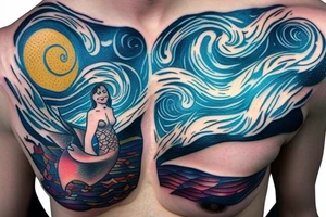 A chest tattoo with a starry night with a mermaid in the ocean getting lit by the nightlight tattoo idea