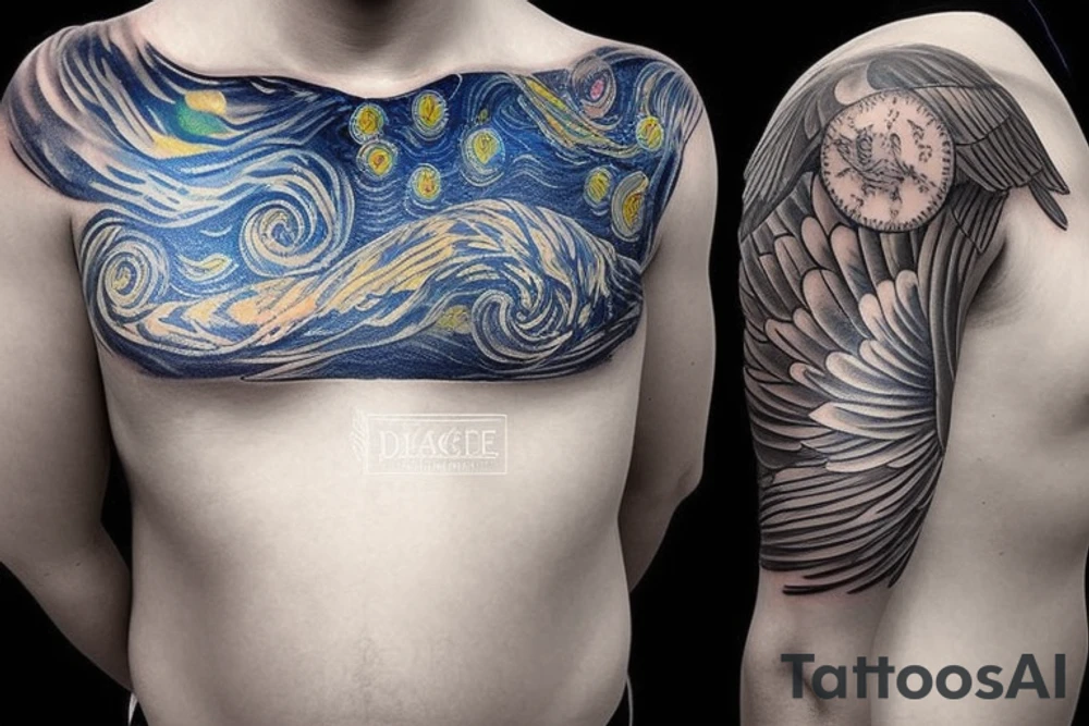 A winged chest tattoo with a starry night with a mermaid in the ocean tattoo idea
