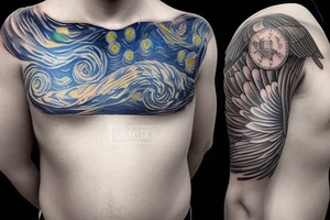 A winged chest tattoo with a starry night with a mermaid in the ocean tattoo idea
