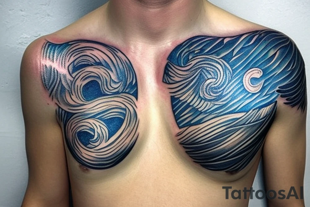 A winged chest tattoo with a starry night with a mermaid in the ocean tattoo idea