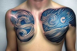 A winged chest tattoo with a starry night with a mermaid in the ocean tattoo idea