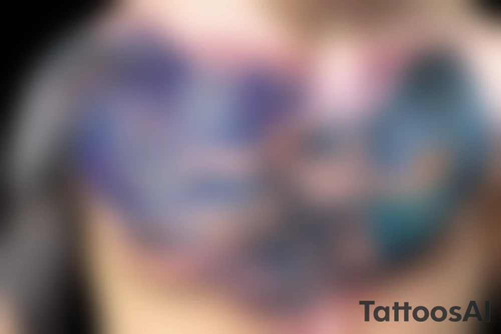A winged chest tattoo with a starry night with a mermaid in the ocean tattoo idea