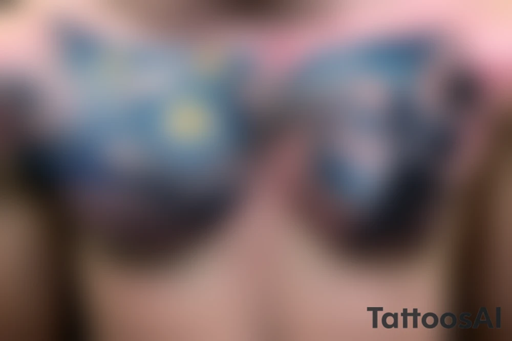 A winged chest tattoo with a starry night with a mermaid in the ocean tattoo idea