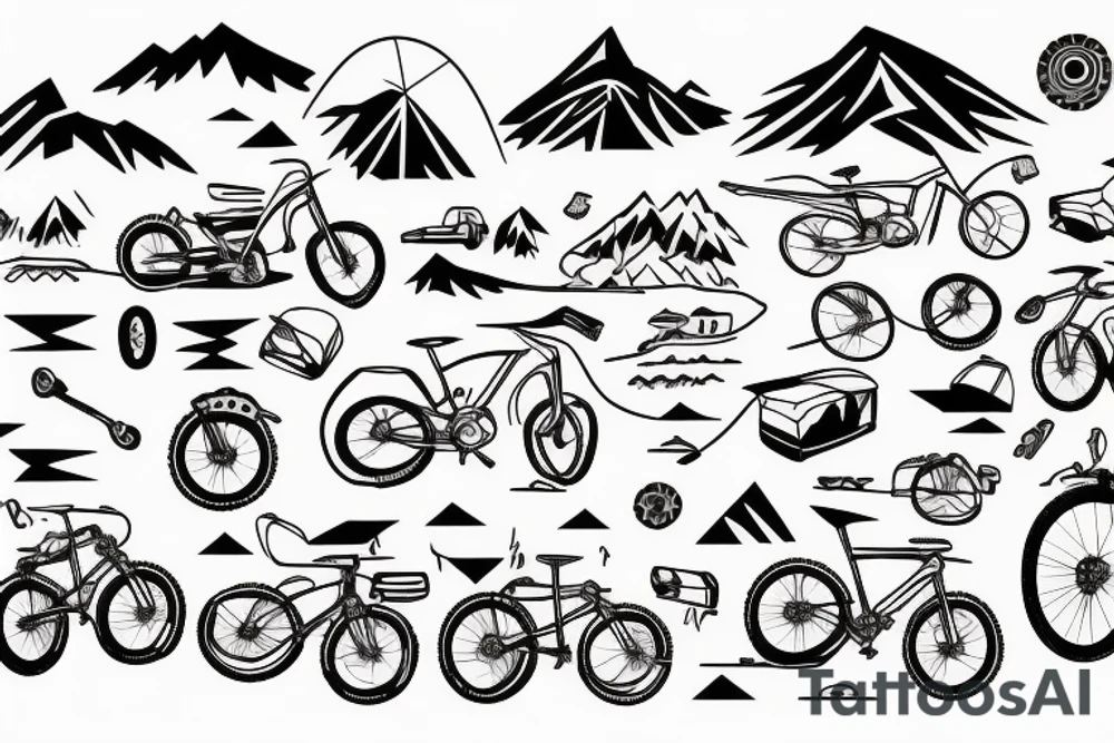 mountain background with camping site and bikes around tattoo idea