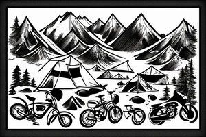 mountain background with camping site and bikes around tattoo idea
