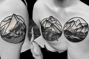 mountain background with camping site, mountain bikes and horses tattoo idea