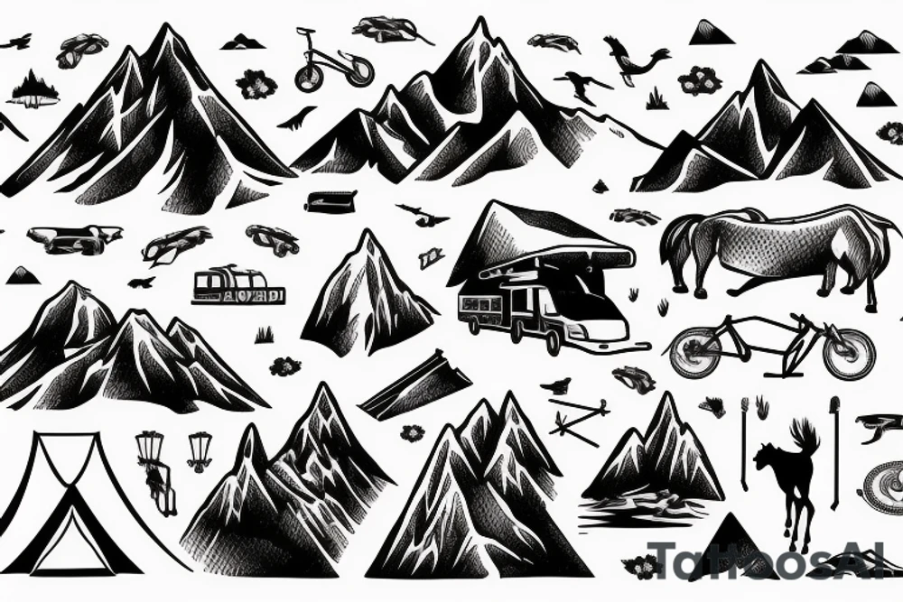 mountain background with camping site, mountain bikes and horses tattoo idea mountain background with camping site, mountain bikes and horses tattoo idea
