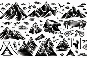 mountain background with camping site, mountain bikes and horses tattoo idea