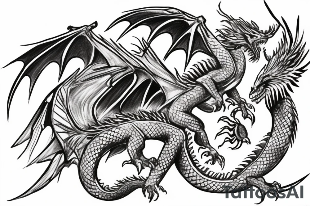 Dragon fighting a phoenix with talons interlocking tattoo idea