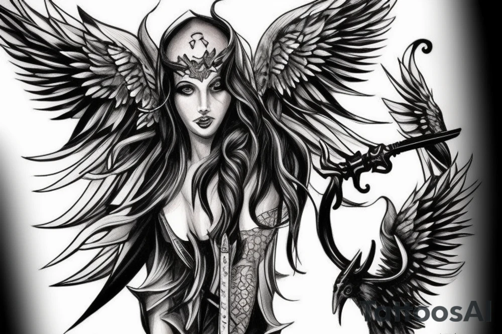 angel with dark and white wings holding sword aiming down tattoo idea