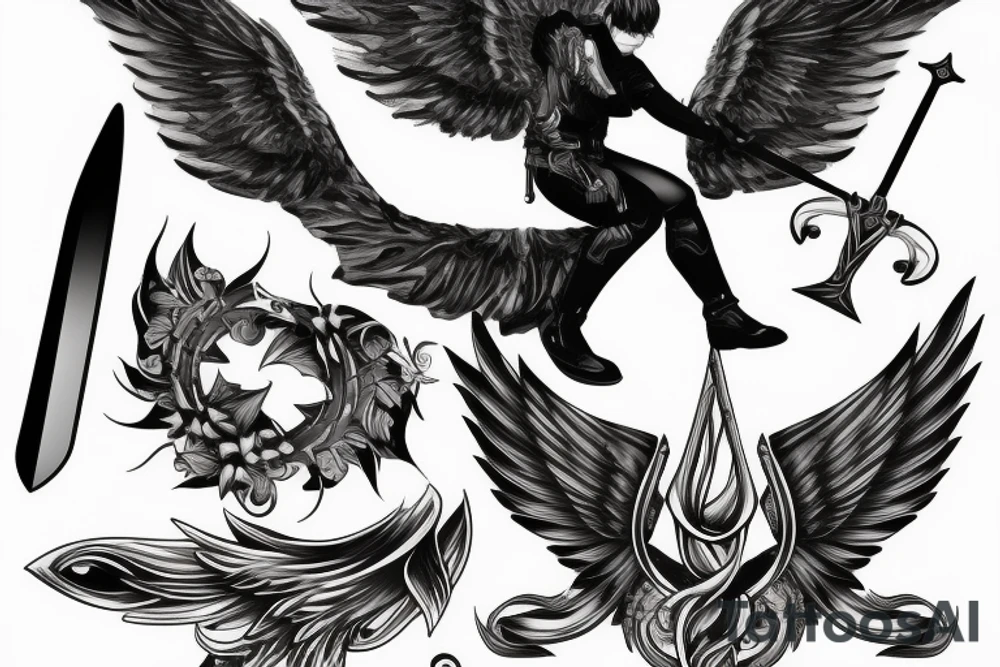 angel with dark and white wings holding sword aiming down tattoo idea angel with dark and white wings holding sword aiming down tattoo idea
