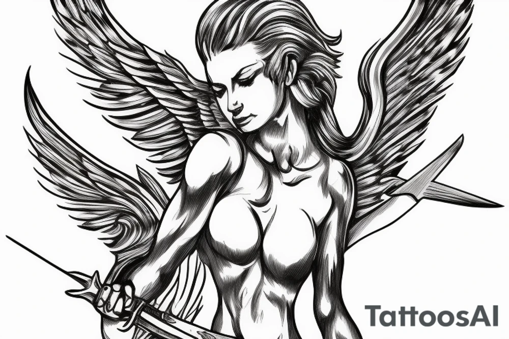 flaming angel holding sword aiming down tattoo idea