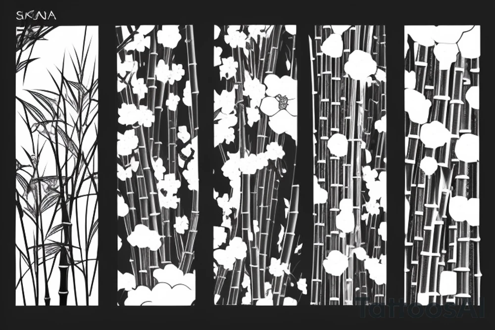 sakura flowers, bamboo trees drawn in a futuristic style,maybe connected similar to neurons tattoo idea