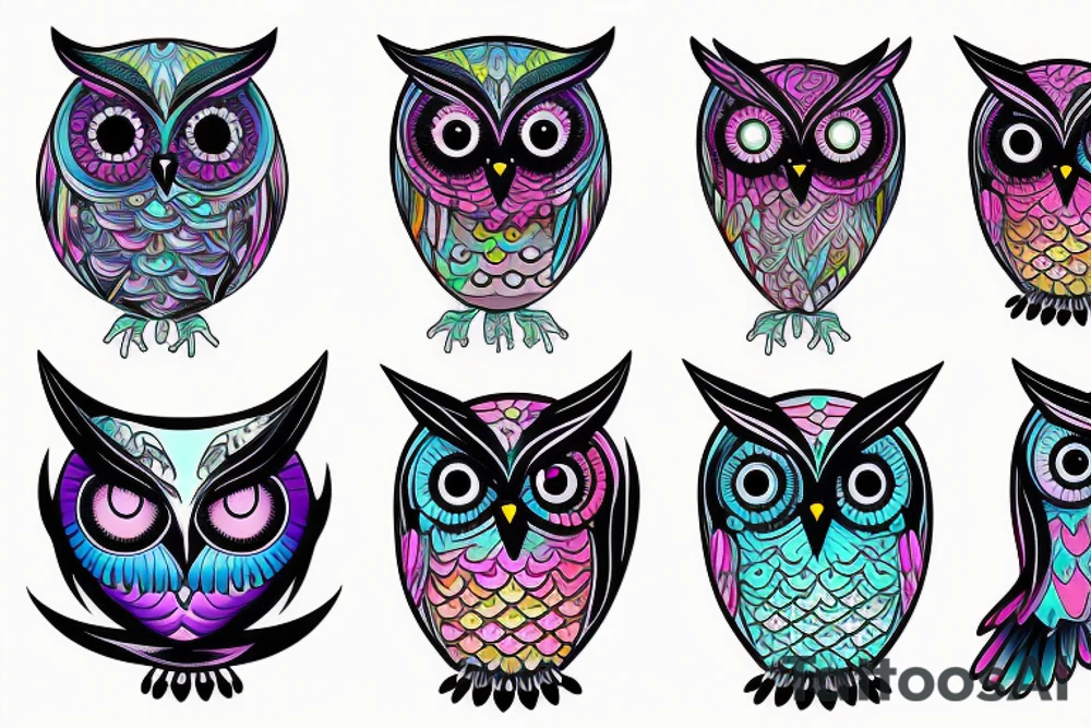a futuristic,surreal, colorful owl tattoo idea