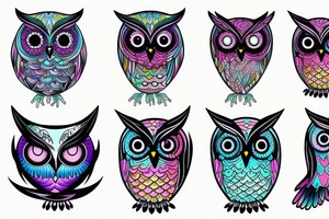a futuristic,surreal, colorful owl tattoo idea