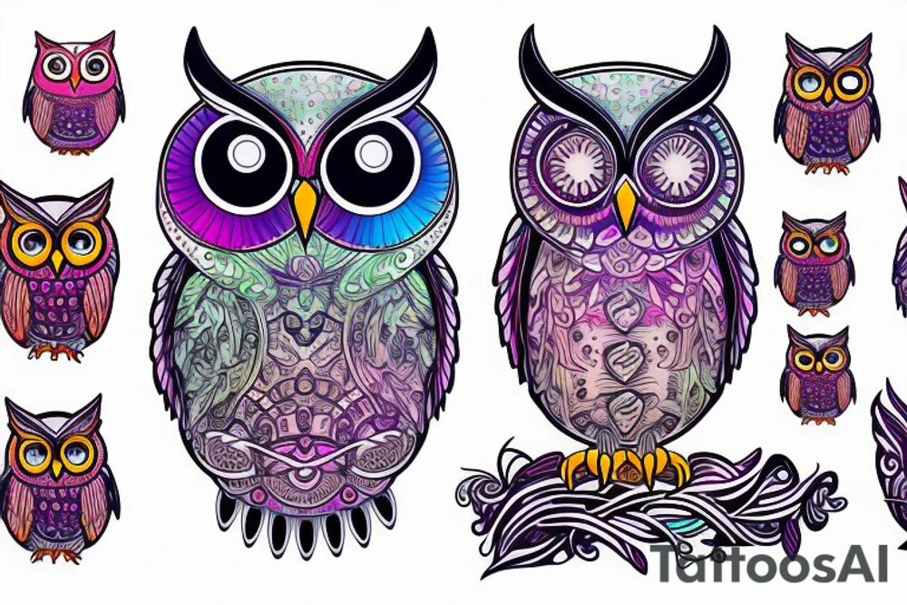 a futuristic,surreal, colorful owl tattoo idea