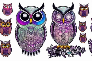a futuristic,surreal, colorful owl tattoo idea