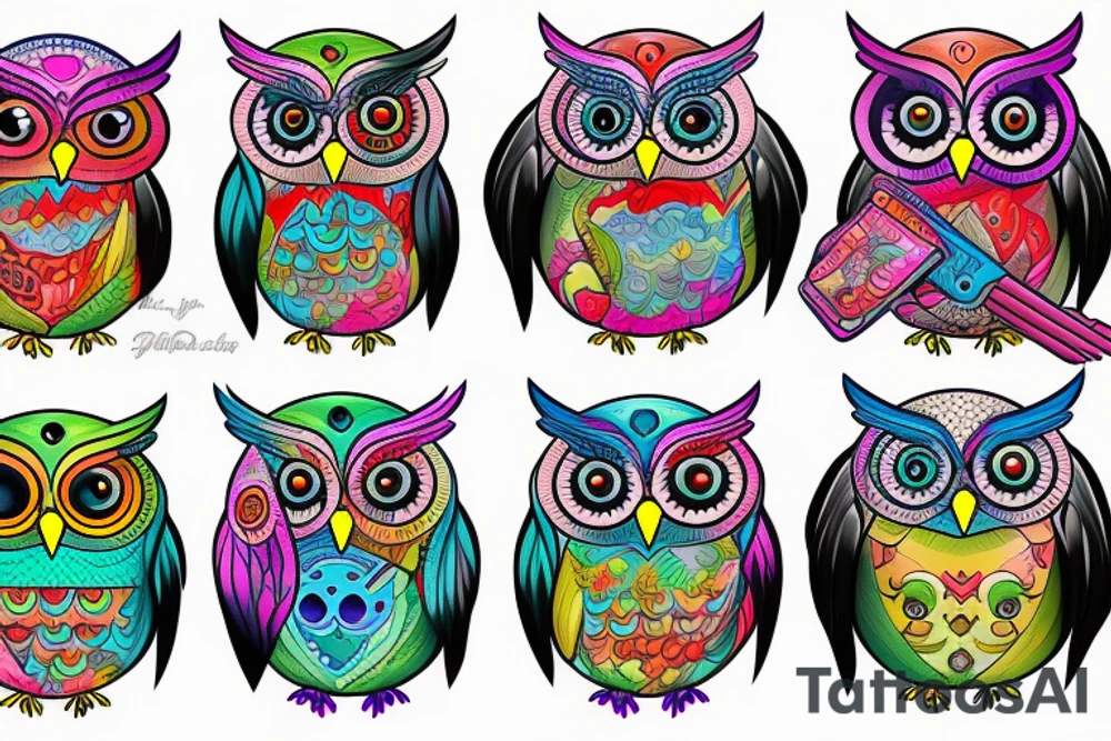 a surreal, colorful owl wearing a gameset tattoo idea