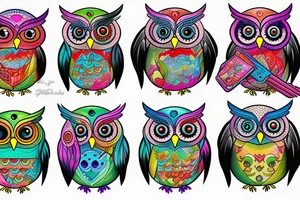 a surreal, colorful owl wearing a gameset tattoo idea