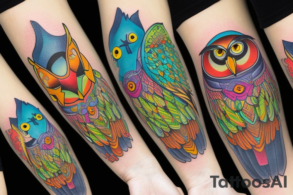 a surreal, colorful owl wearing a gameset tattoo idea