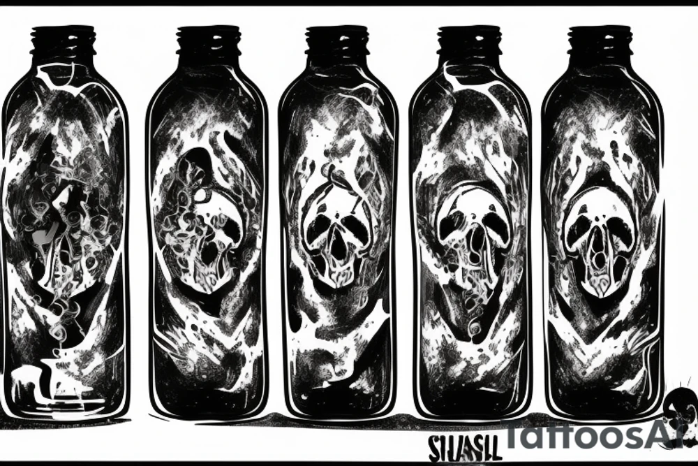 glass bottle pouring liquid through a hole in the skull tattoo idea
