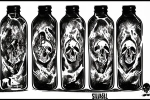 glass bottle pouring liquid through a hole in the skull tattoo idea