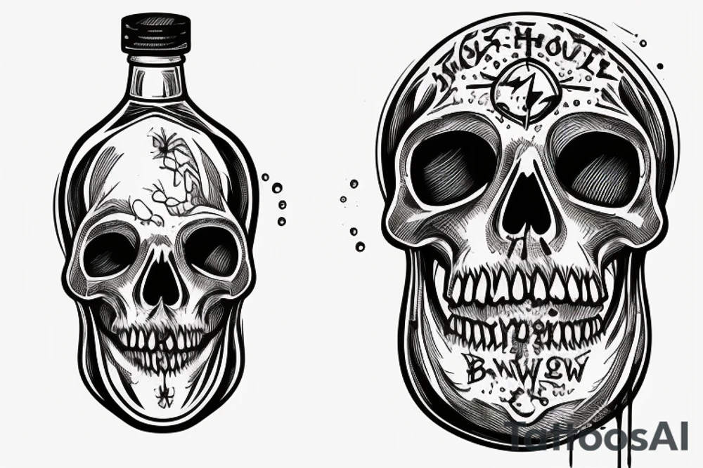 glass bottle pouring liquid through a hole in the skull tattoo idea