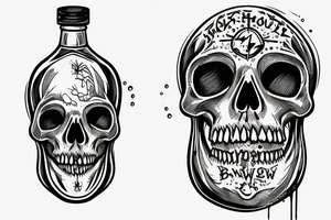 glass bottle pouring liquid through a hole in the skull tattoo idea