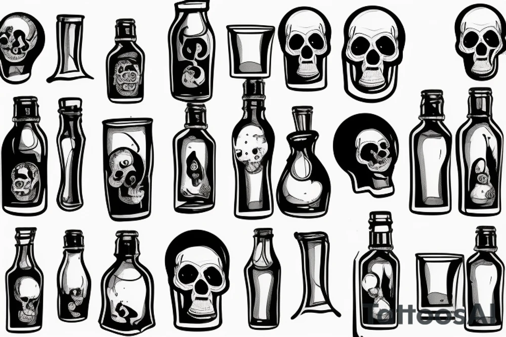 glass bottle pouring liquid through a hole in the skull tattoo idea