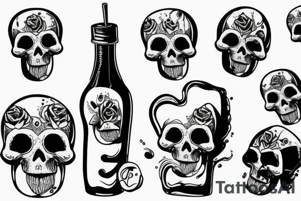a bottle pours liquid through a hole in the skull tattoo idea