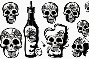a bottle pours liquid through a hole in the skull tattoo idea