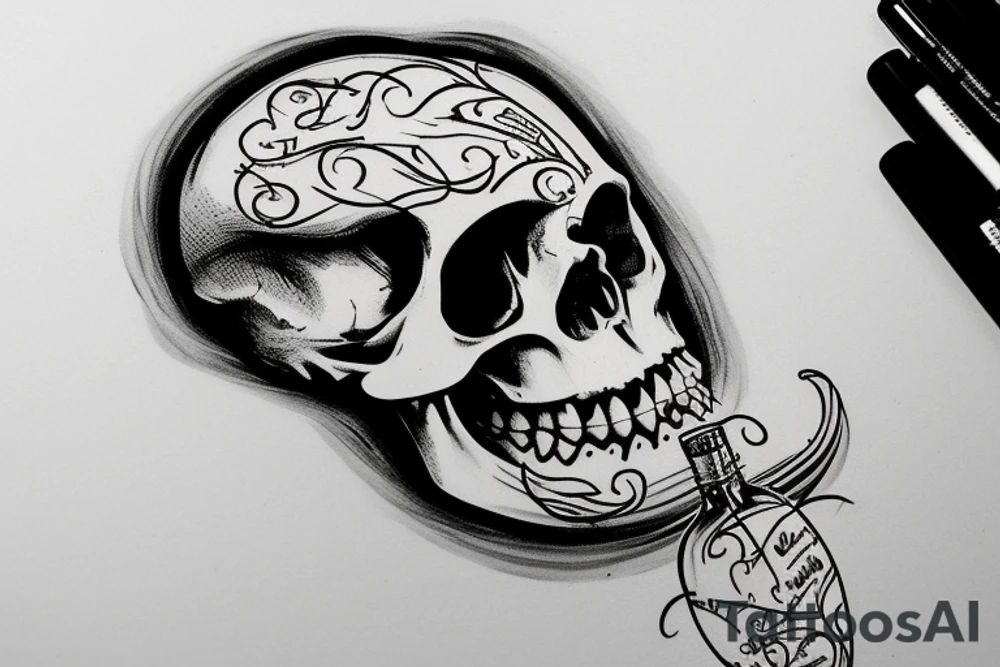 a bottle pours liquid through a hole in the skull tattoo idea
