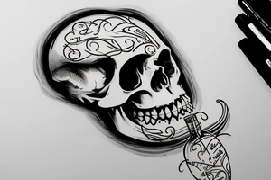a bottle pours liquid through a hole in the skull tattoo idea