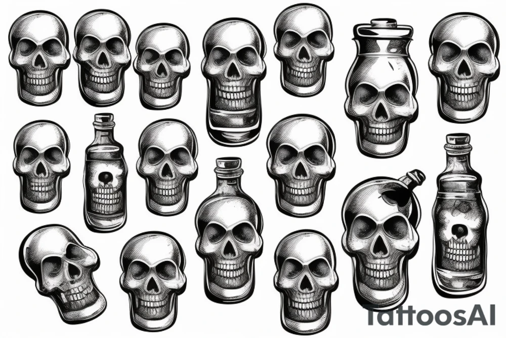 a bottle pours liquid through a hole in the skull tattoo idea