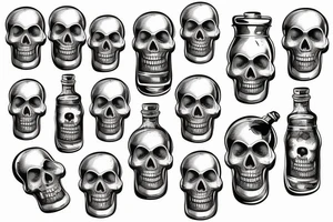 a bottle pours liquid through a hole in the skull tattoo idea