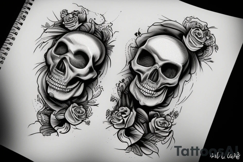 a bottle pours liquid through a hole in the skull tattoo idea