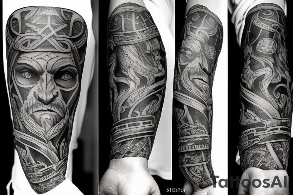 Big tattoos on the left hand in style Viking but there have lot story tattoo idea