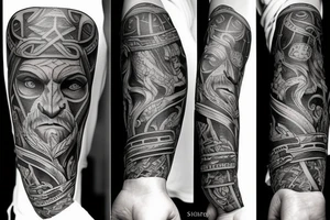 Big tattoos on the left hand in style Viking but there have lot story tattoo idea