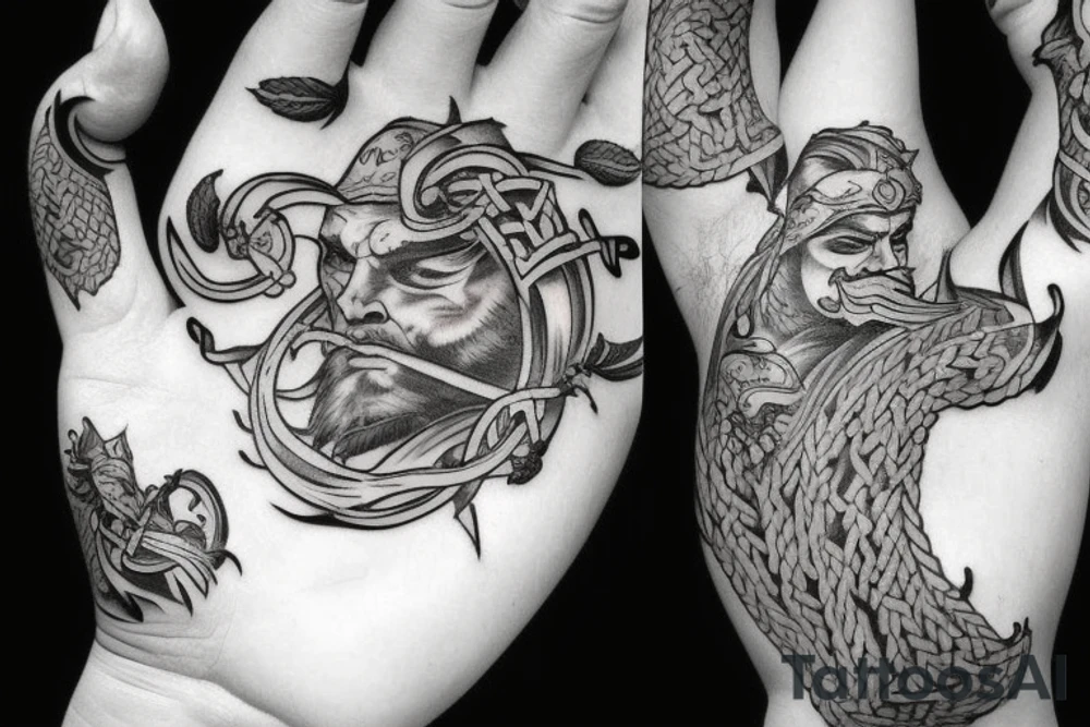Big tattoos on the left hand in style Viking but there have lot story tattoo idea