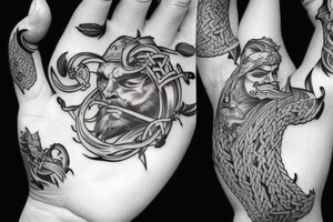 Big tattoos on the left hand in style Viking but there have lot story tattoo idea