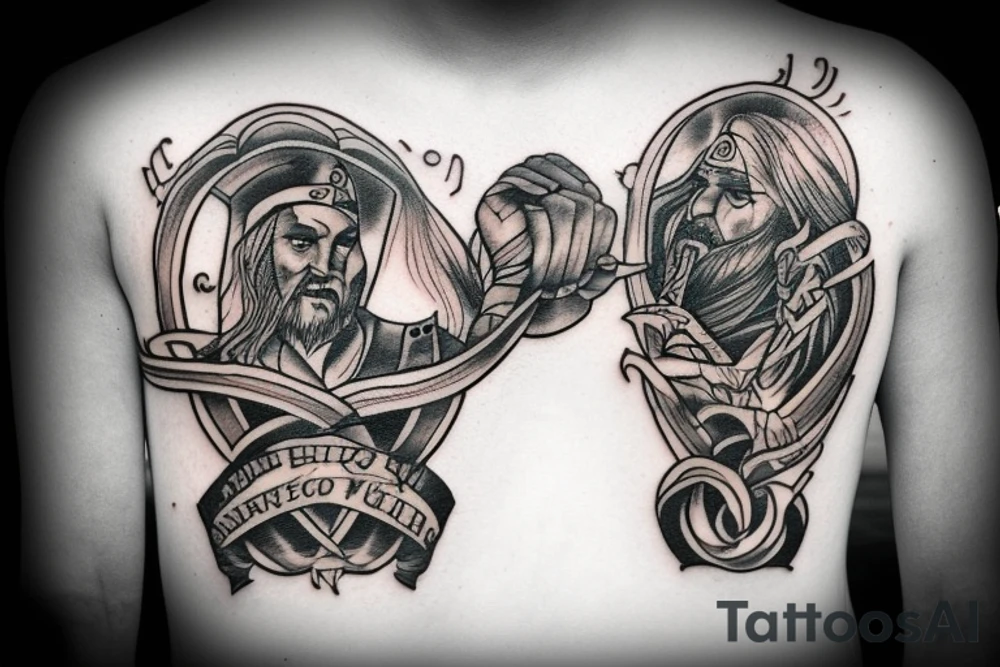 Big tattoos on the left hand in style Viking but there have lot story about Bartender Equipment for bartenders and text of reminder. tattoo idea