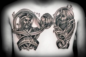 Big tattoos on the left hand in style Viking but there have lot story about Bartender Equipment for bartenders and text of reminder. tattoo idea