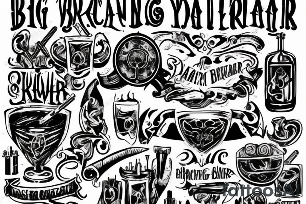 Big tattoos on the left hand in style Viking but there have lot story about Bartender Equipment for bartenders and text of reminder. tattoo idea