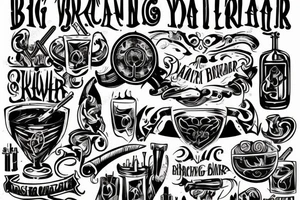 Big tattoos on the left hand in style Viking but there have lot story about Bartender Equipment for bartenders and text of reminder. tattoo idea