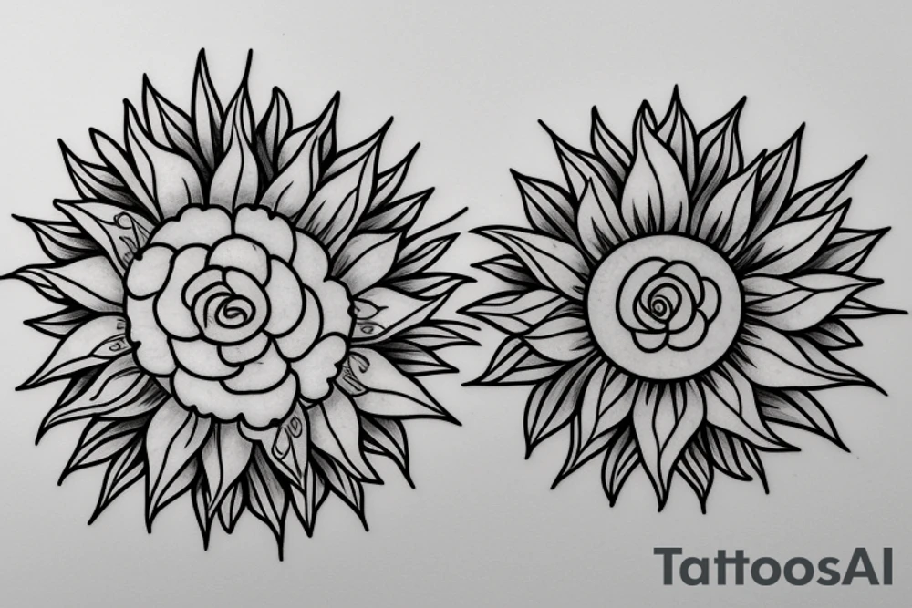 A sun with a peony on the inside of the circular part tattoo idea