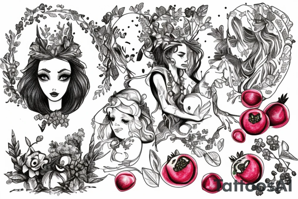 persephone giving pomegranate to alice in wonderland tattoo idea